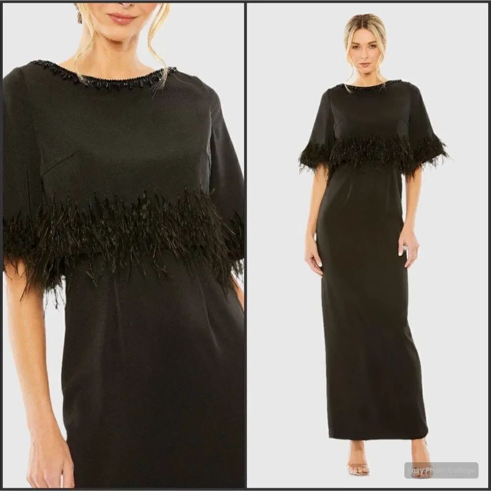 MAC DUGGAL 11787 Quarter Sleeve Crystal Neck Feather Detail Dress